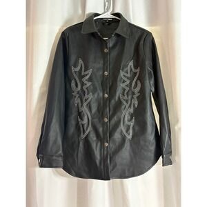 Fashion Nova Black Faux Leather Western Flame Embroidery Jacket S WC0045